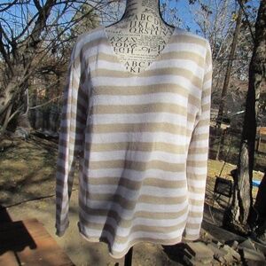 Chico's Cream and Tan Striped V-Neck Sweater